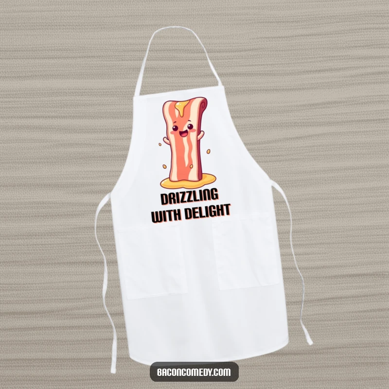 Funny apron depicting a bacon strip sliding down a syrup waterfall, perfect for adding humor to cooking.