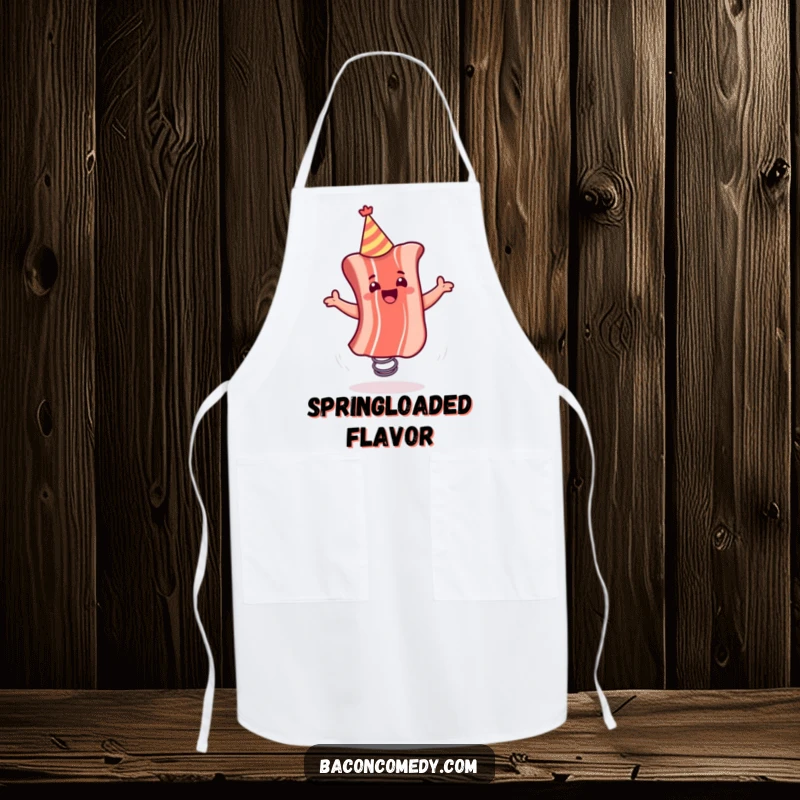 Funny apron showing a party-hatted bacon strip enthusiastically bouncing on a spring, adding a humorous and energetic vibe to cooking.