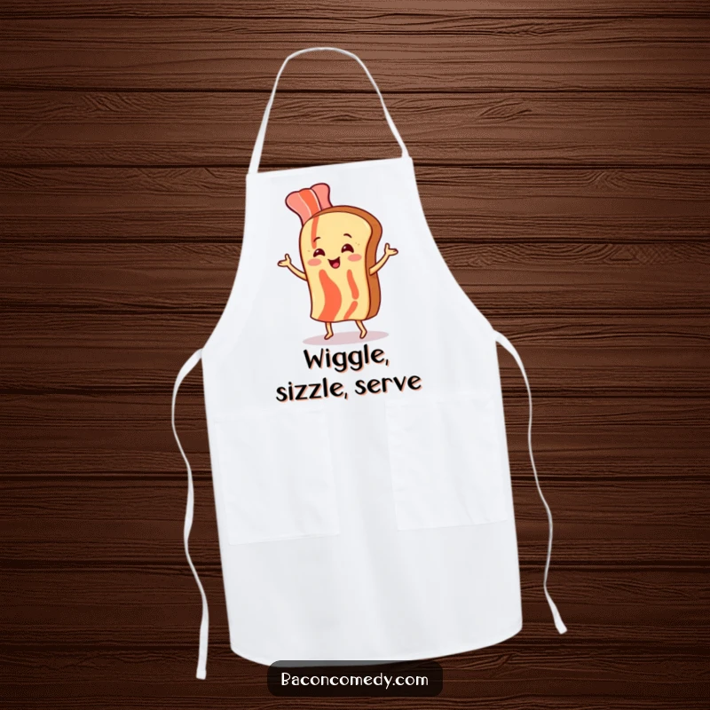 Funny apron with a smiling bacon strip and toast doing a silly dance, perfect for adding humor to cooking.