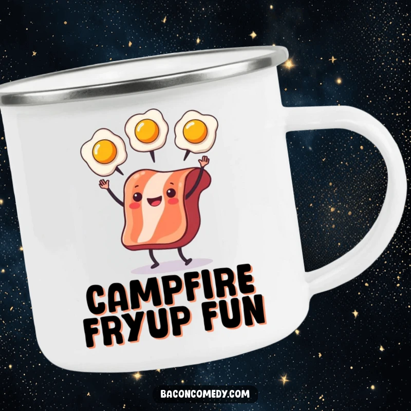 Funny Bacon Juggling Camping Mug with a slice of bacon juggling eggs, perfect for outdoor enthusiasts who enjoy humorous drinkware.