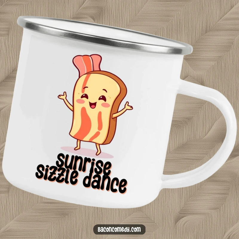 Funny camping mug showing a happy bacon strip and toast dancing, ideal for outdoor humor and refreshment.