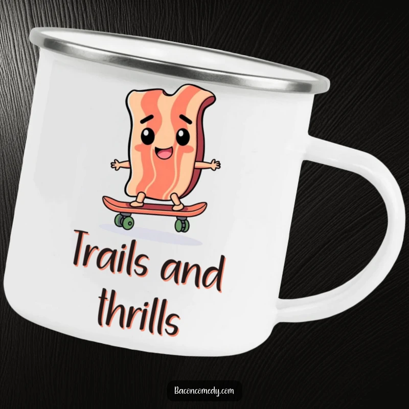 Funny camping mug showcasing a happy bacon slice riding a miniature skateboard with focus, perfect for outdoor enthusiasts who love humor.