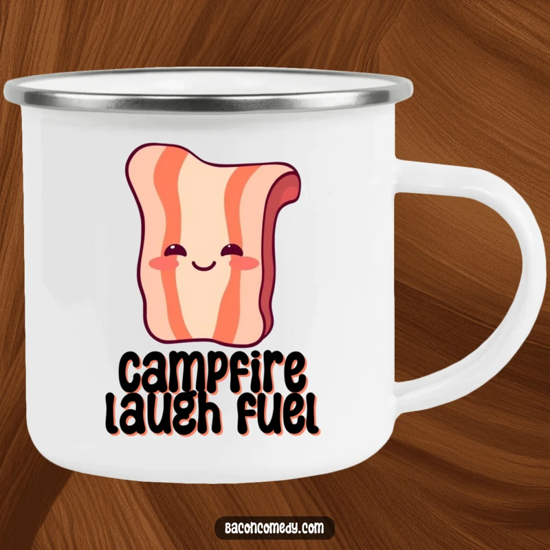 Funny Laughing Bacon Camping Mug: A piece of bacon with simple eyes and a mouth laughs heartily, for happy campers.