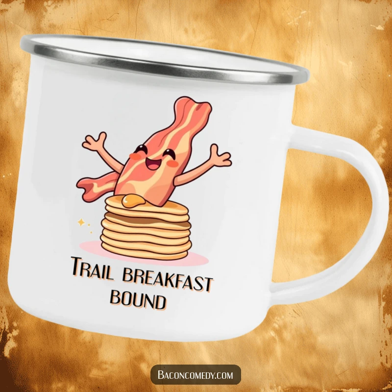 Funny camping mug with a bacon strip leaping over pancakes, perfect for enjoying drinks during outdoor adventures.
