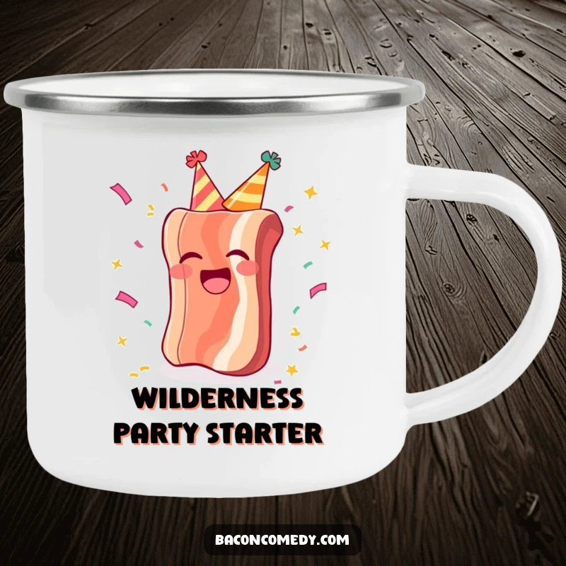 Funny camping mug with a laughing bacon in a party hat and confetti, perfect for festive outdoor drinks.
