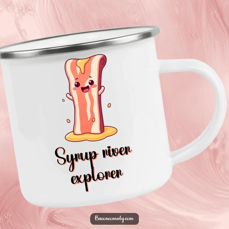 Funny camping mug with a bacon strip sliding down a syrup waterfall, perfect for enjoying drinks with a sweet twist.