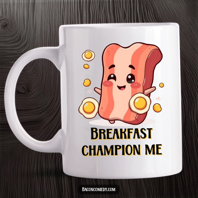 Funny Bacon Juggling Mug featuring a smiling, plump bacon strip winking while expertly juggling tiny fried eggs, celebrating breakfast fun.