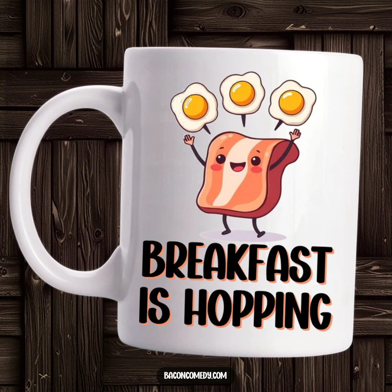 Funny Bacon Juggling Mug with a slice of bacon on tiny legs joyfully juggling sunny-side-up eggs, conveying breakfast humor.