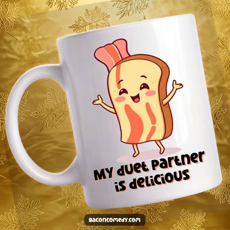 Funny mug showcasing a cheerful bacon strip doing a silly dance next to a slice of toast, celebrating breakfast joy.