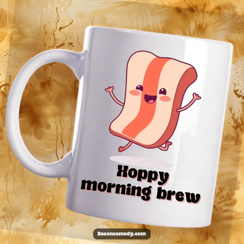 Funny Hopping Bacon Mug featuring a cheerful bacon slice with tiny legs doing a spontaneous, joyful little hop, celebrating breakfast energy.