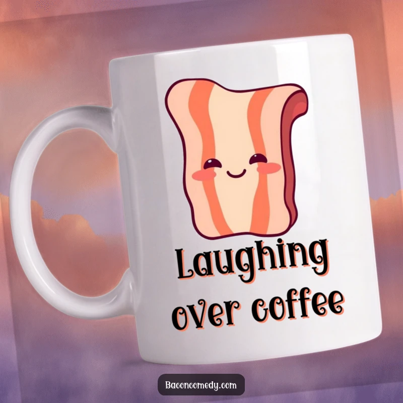 Funny Laughing Bacon Mug featuring a piece of bacon with simple eyes and a mouth laughing heartily, celebrating breakfast humor.