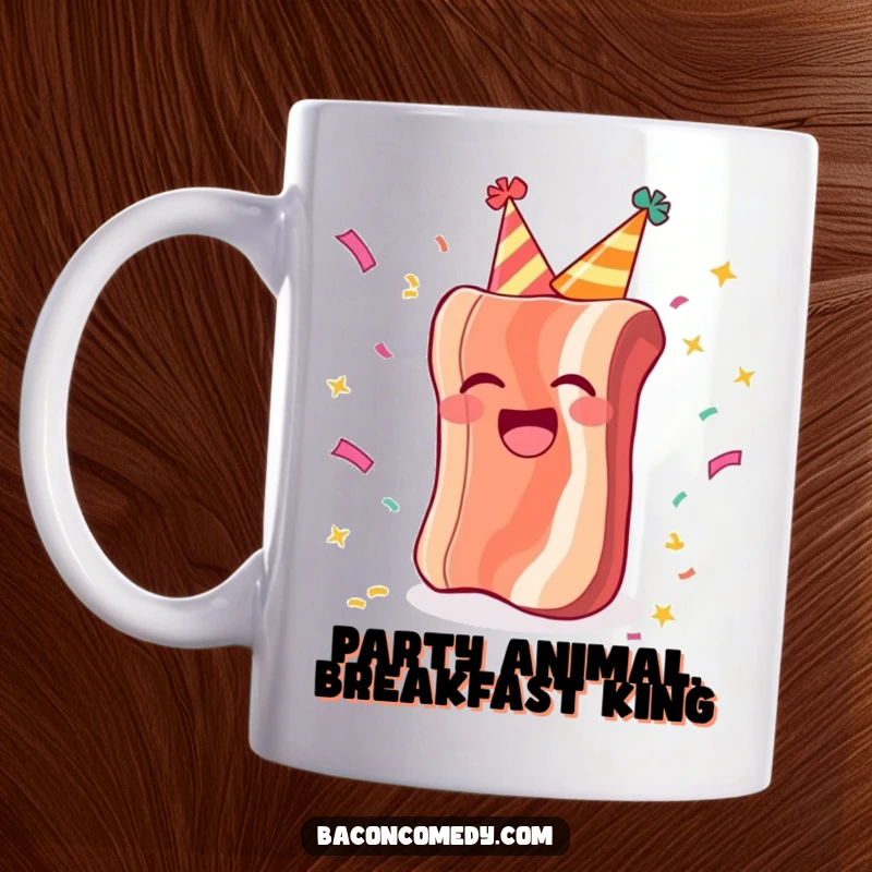 Funny mug showing a joyful piece of bacon wearing a party hat, laughing amidst falling confetti, full of festive cheer.