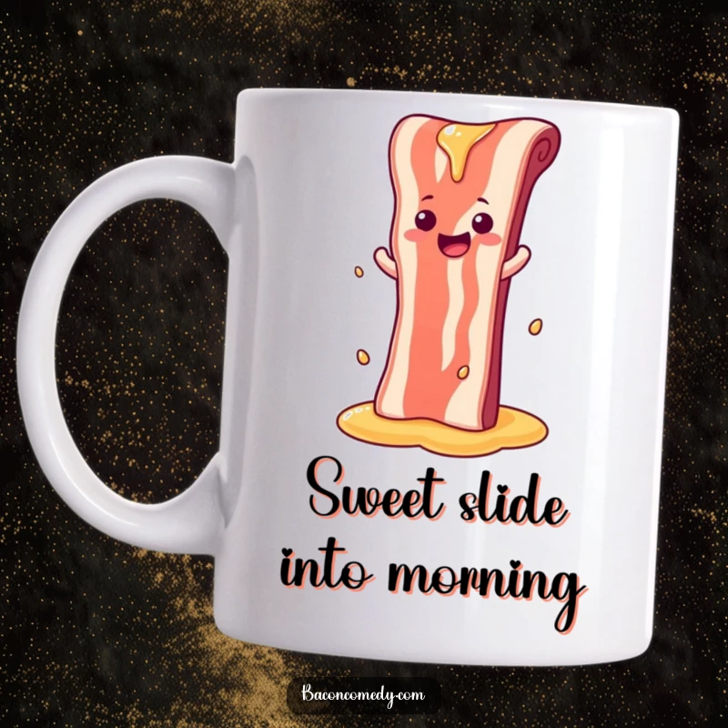 Funny mug showing a happy bacon strip sliding down a waterfall made of syrup, embodying breakfast bliss.