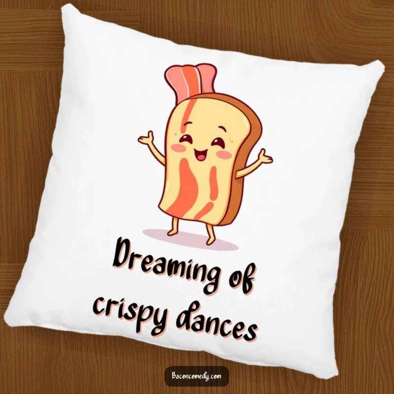 Funny pillow featuring a cheerful bacon strip dancing playfully with a slice of toast, adding comfort and humor.