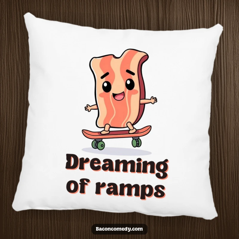 Funny pillow featuring a determined bacon slice riding a skateboard, offering a blend of comfort, style, and humorous appeal.