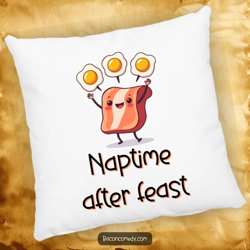 Funny Bacon Juggling Pillow with a slice of bacon juggling eggs, offering a humorous and cozy addition to any room.