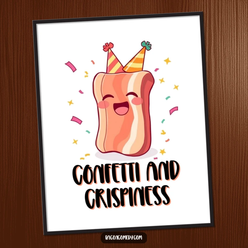 Funny digital art print of a happy bacon in a party hat, laughing with confetti, perfect for instant festive decor.
