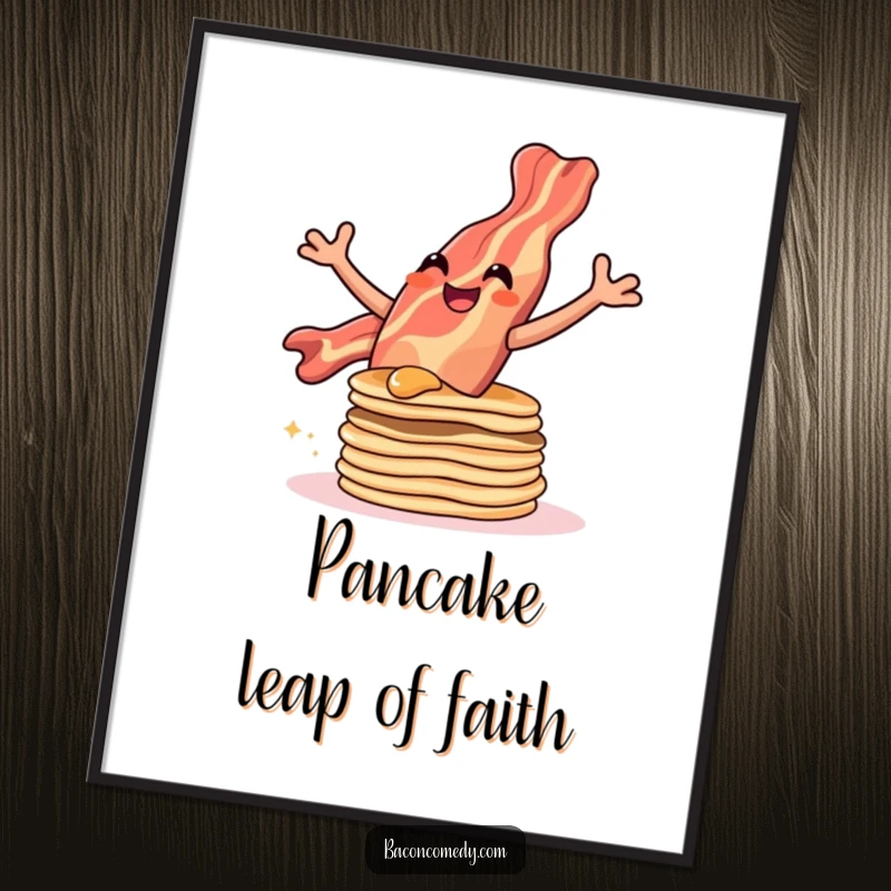 Funny digital art print of a bacon strip joyfully leaping over pancakes, creating an energetic and humorous visual.