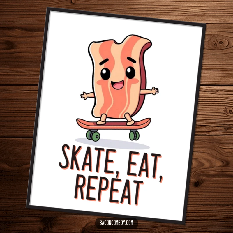 Funny digital art print of a happy bacon slice confidently riding a skateboard, radiating determination and cool, humorous vibes.