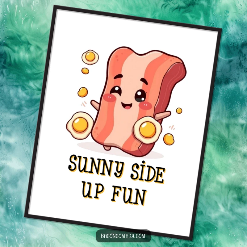 Funny Bacon Juggling Digital Art: A smiling bacon strip winks while juggling tiny fried eggs, showcasing breakfast artistry.