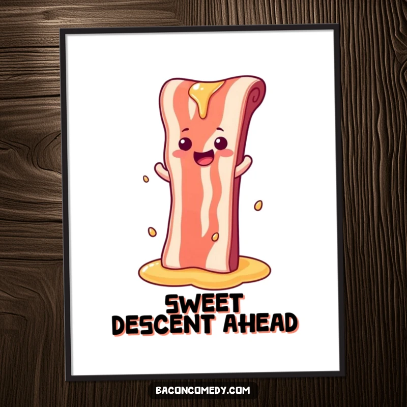Funny digital art print of a bacon strip sliding down a syrup waterfall, creating a whimsical and sweet visual.