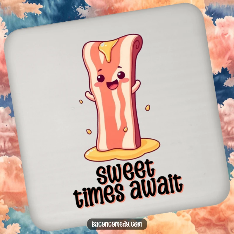 Funny drink coaster with a bacon strip sliding down a syrup waterfall, adding a touch of sweet humor.