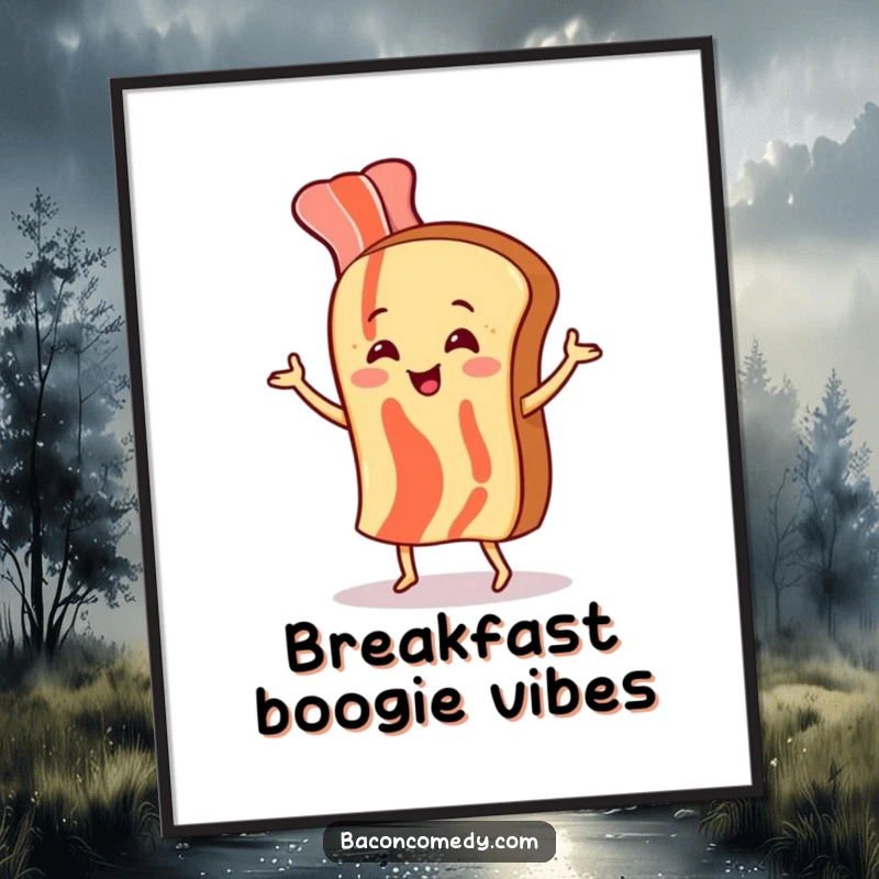 Funny poster of a bacon strip doing a silly dance with a piece of toast, bringing vibrant breakfast energy to any room.