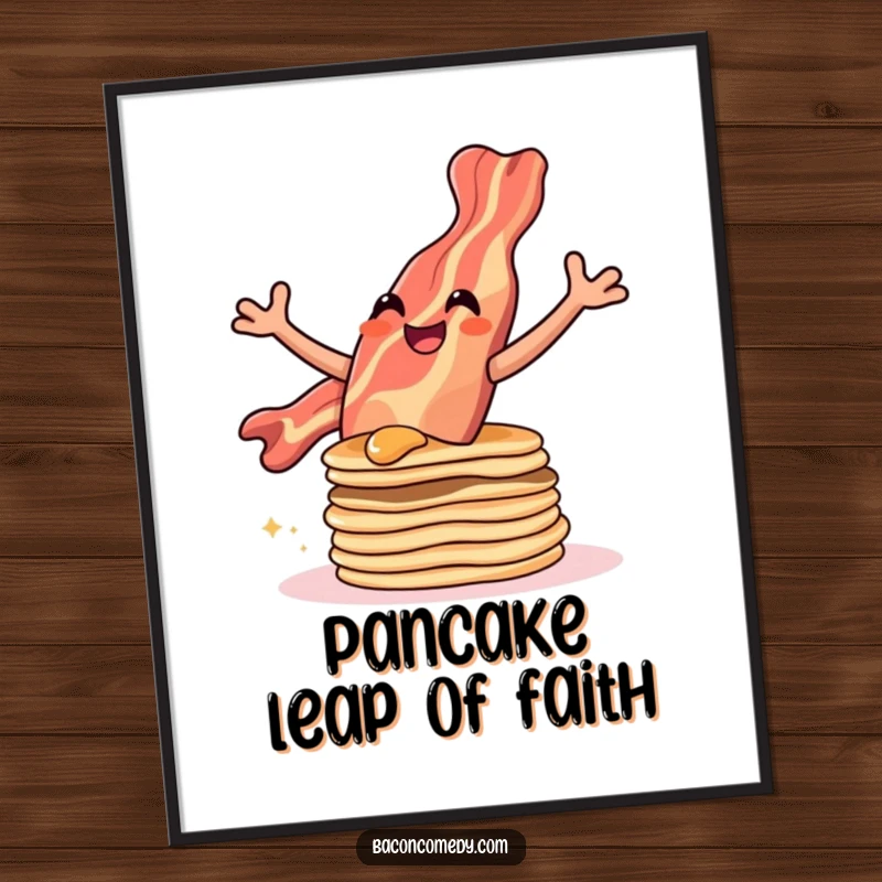 Funny poster of a bacon strip joyfully leaping over a stack of pancakes, creating a visually exciting breakfast scene.