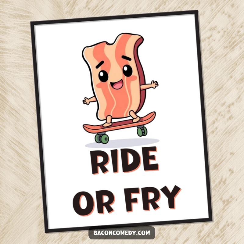 Funny poster illustrating a happy bacon slice skillfully navigating a miniature skateboard with a focused expression, a piece of art.