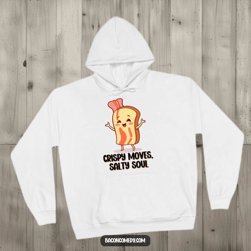 Funny hoodie with a smiling bacon strip dancing energetically with a piece of toast, radiating pure, silly joy.