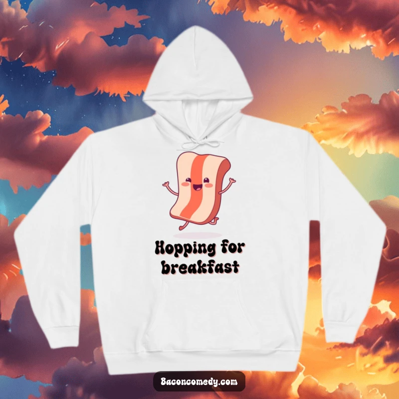 Funny Hopping Bacon Hoodie: A cheerful bacon slice with tiny legs does a joyful little hop, offering cozy happiness.