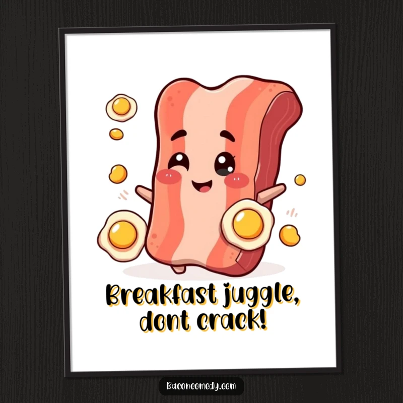 Funny Free Printable Wall Art: A smiling, plump bacon strip with cute eyes winks while skillfully juggling tiny fried eggs.