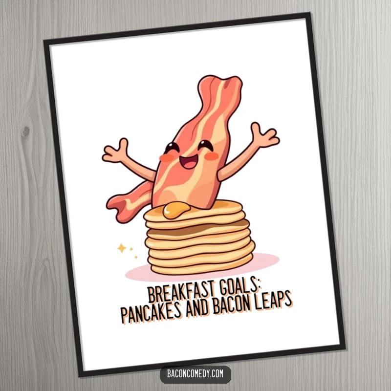 Funny Free Printable Wall Art: A smiling bacon strip performs a joyful leap over a stack of pancakes.