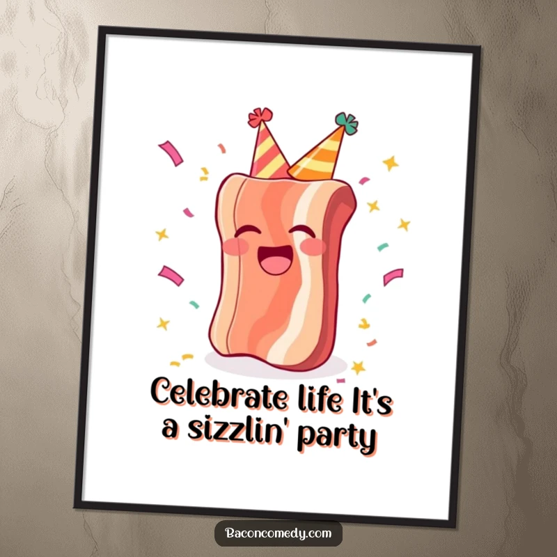 Funny Free Printable Wall Art: A bacon strip wears a party hat, laughing heartily surrounded by confetti.