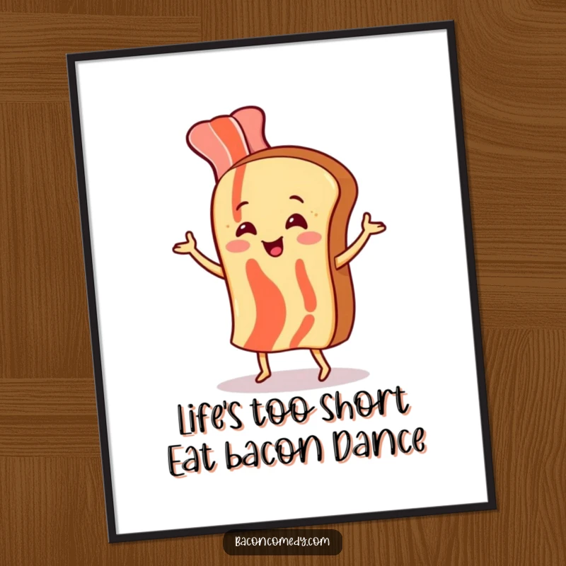 Funny Free Printable Wall Art: A smiling bacon strip performs a silly dance with a piece of toast.