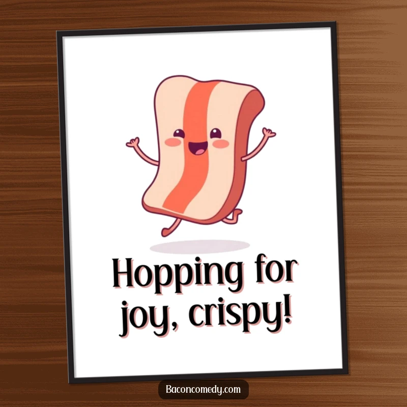 Funny Free Printable Wall Art: A cheerful bacon slice with tiny legs does a joyful little hop, radiating happiness.