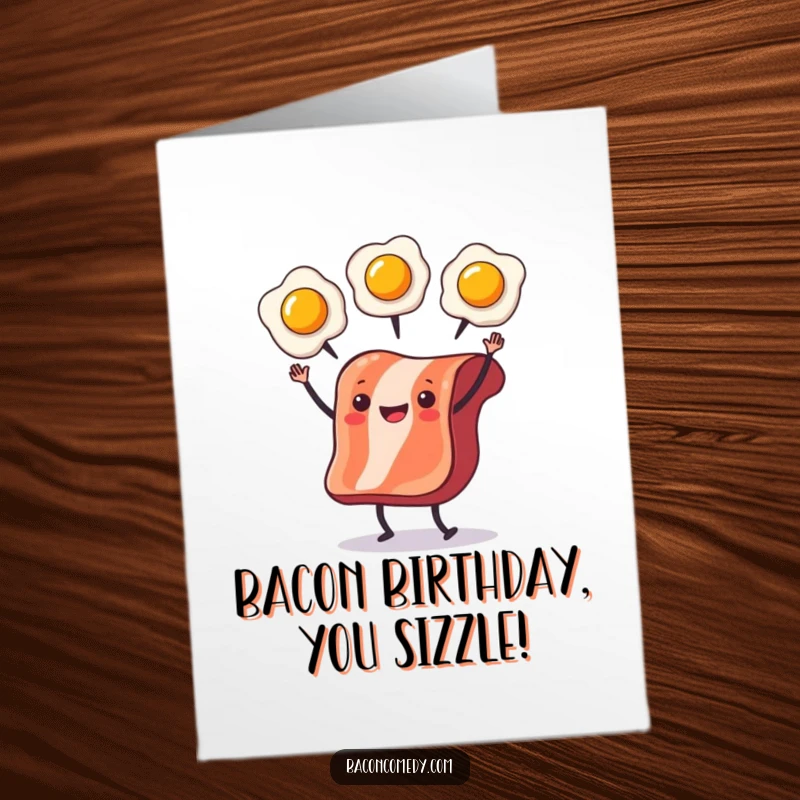 Funny Free Printable Birthday Card: A slice of bacon with tiny legs joyfully juggles sunny-side-up eggs, celebrating a breakfast birthday bash.