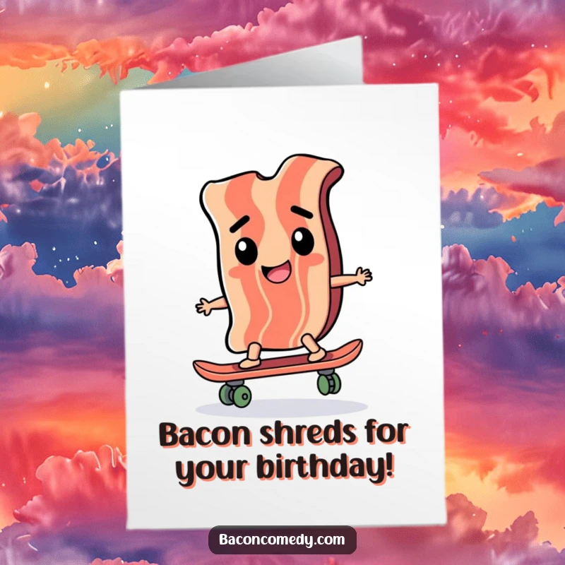Funny Free Printable Birthday Card: Happy bacon slice confidently skateboarding with a determined look.