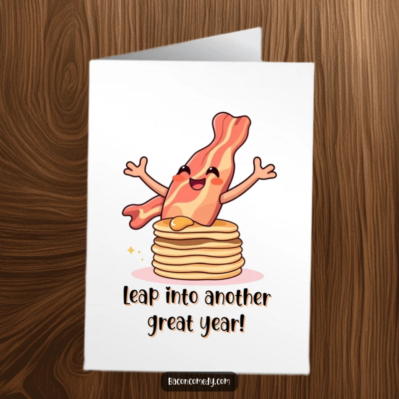 Funny Free Printable Birthday Card: A smiling bacon strip gleefully leaps over a tall stack of pancakes.