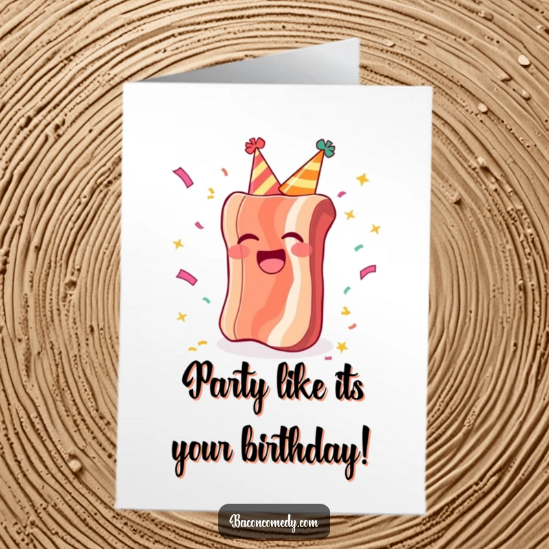 Funny Free Printable Birthday Card: A bacon strip in a party hat laughs exuberantly amidst falling confetti.