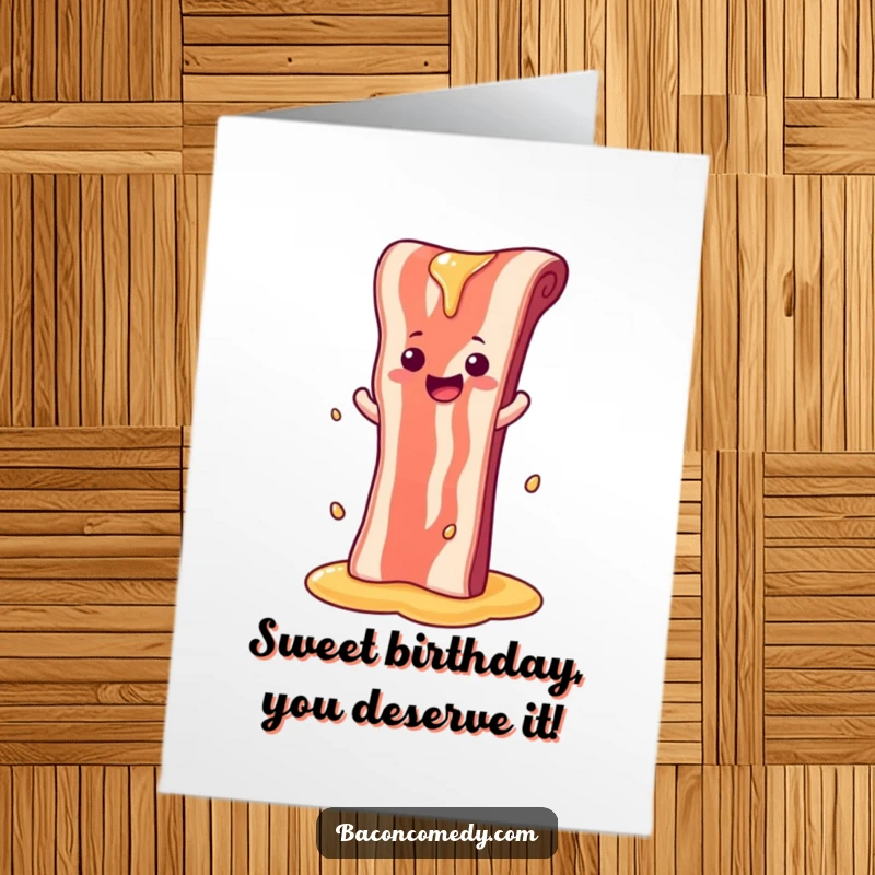 Funny Free Printable Birthday Card: A cheerful bacon strip slides gleefully down a cascading syrup waterfall.