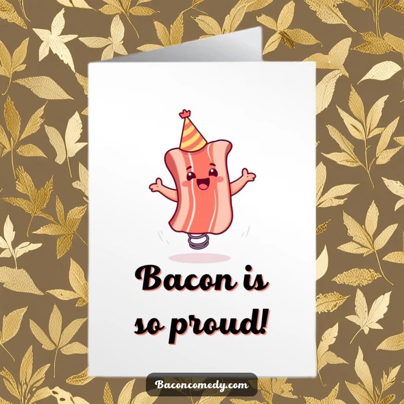 Funny Free Printable Congratulations Card: A jubilant bacon strip with a party hat springs with excitement.