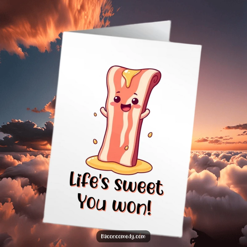 Funny Free Printable Congratulations Card: A cheerful bacon strip slides down a syrup waterfall, celebrating success.