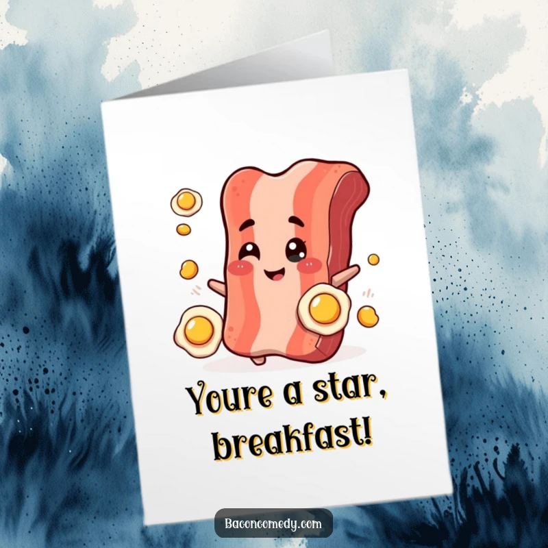 Funny Free Printable Congratulations Card: A smiling bacon strip winks while impressively juggling tiny fried eggs, celebrating a big win.