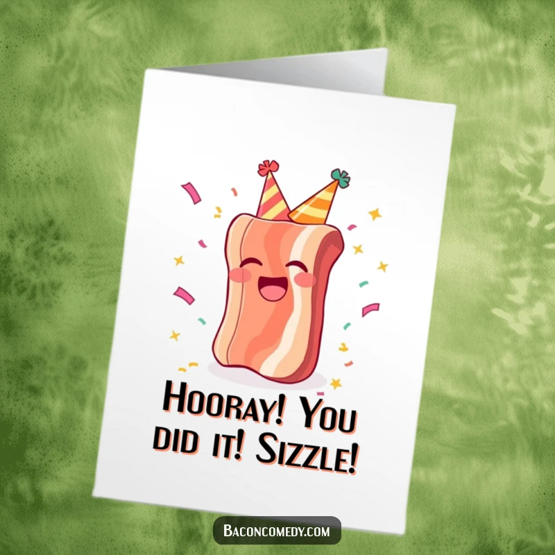 Funny Free Printable Congratulations Card: A bacon strip in a party hat laughs with confetti, celebrating success.