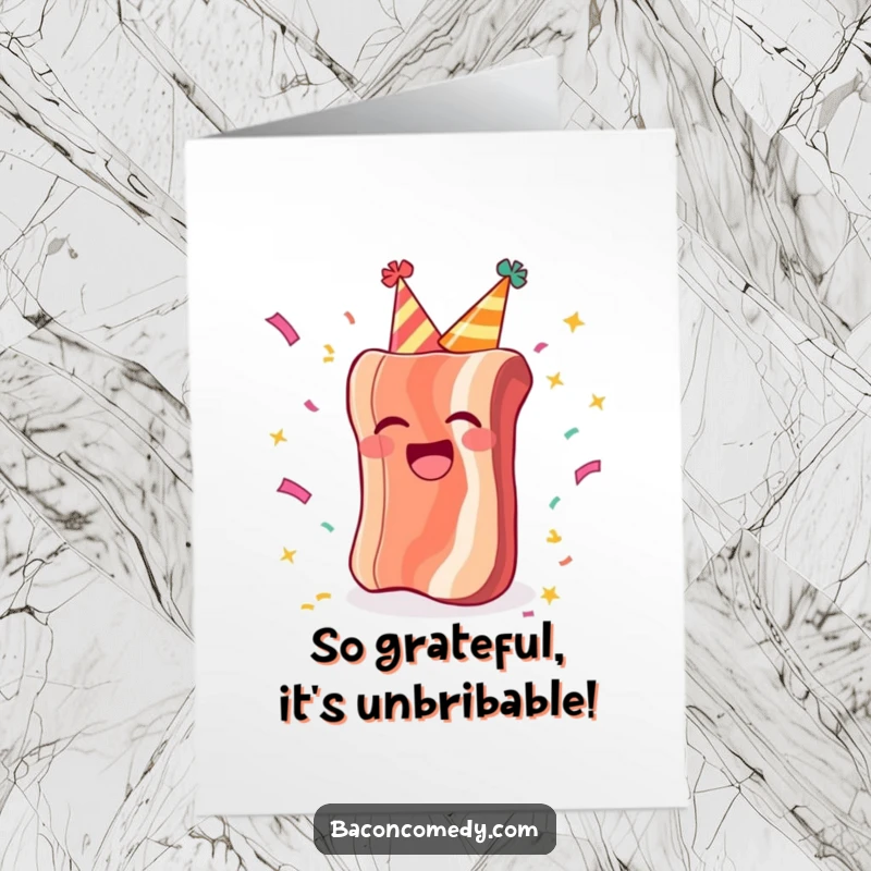 Funny Free Printable Thank You Card: A bacon strip in a party hat laughs, adorned with confetti.