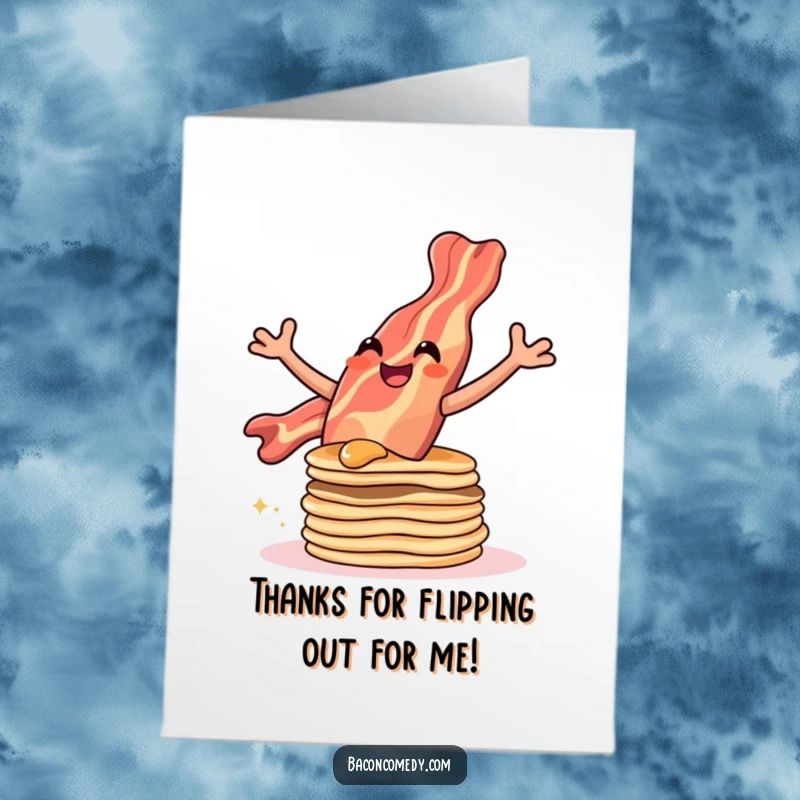 Funny Free Printable Thank You Card: A smiling bacon strip leaps over pancakes, conveying thanks with joy.