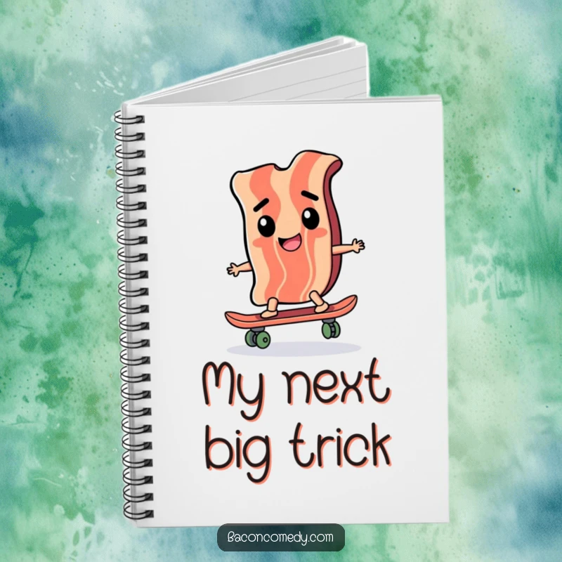 Funny notebook featuring a happy bacon slice confidently riding a skateboard, perfect for jotting down notes with speed and humor.