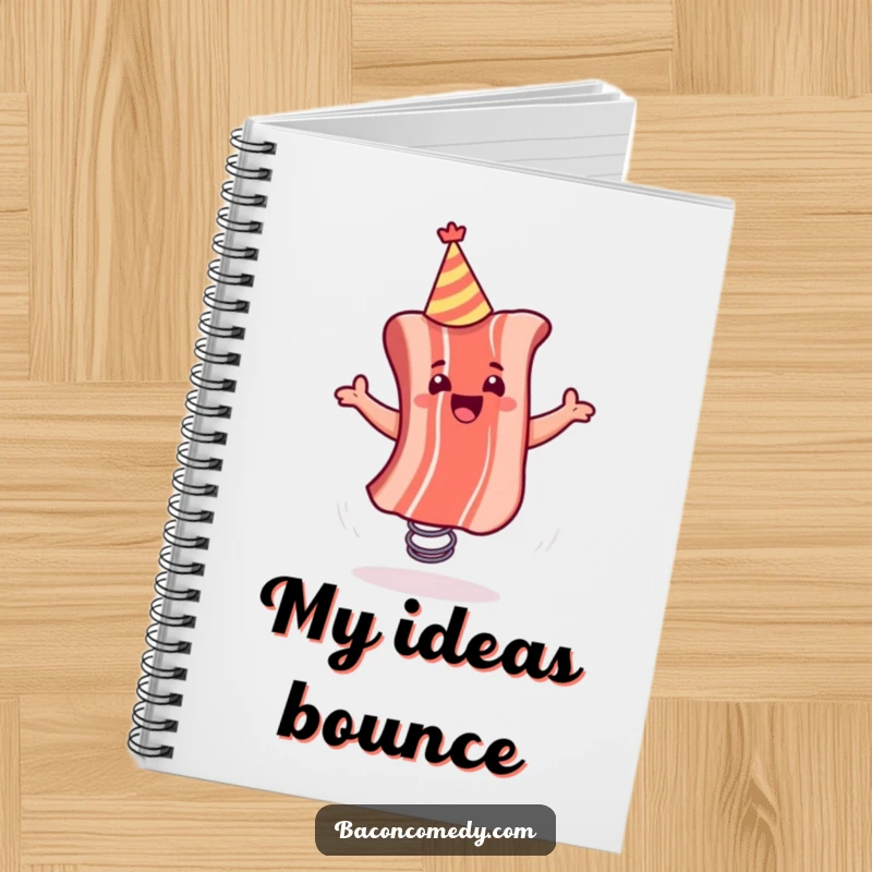 Funny notebook with a lively bacon strip in a party hat, bouncing on a spring, perfect for jotting down humorous ideas and notes.