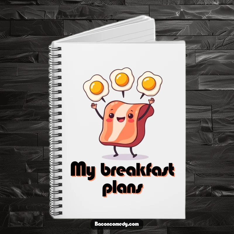 Funny Bacon Juggling Notebook with bacon juggling eggs, ideal for jotting down ideas with a humorous food flair.